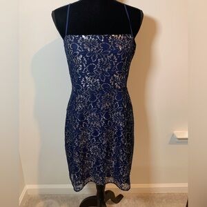 BCBGMAXAZRIA Cocktail Dress Blue Silver Floral Glitter Sparkle Mini Size 12